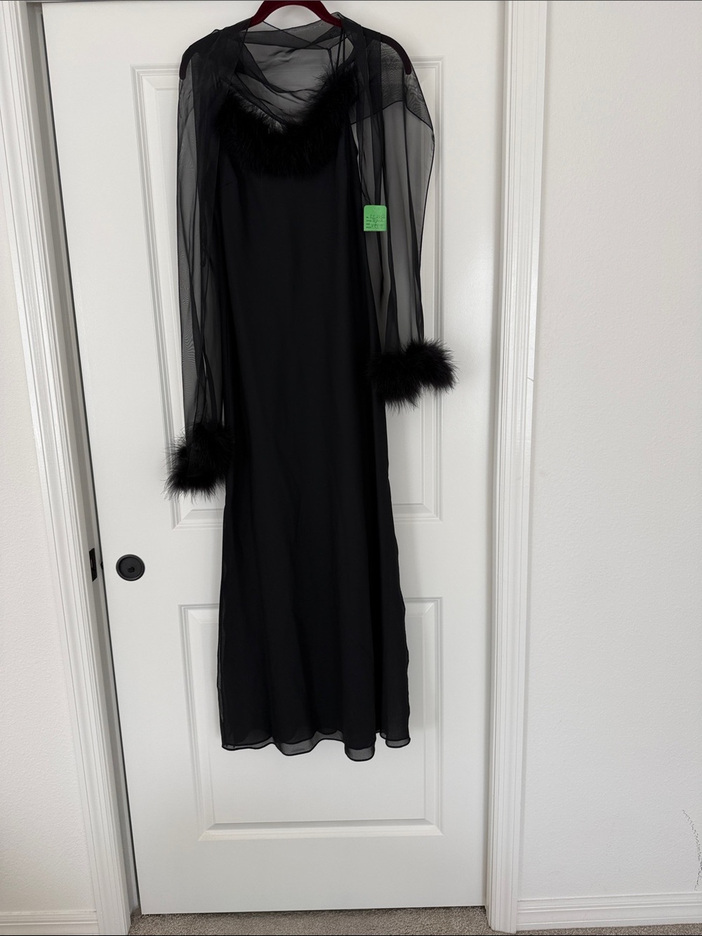 Black Sheer Long Dress with Feather Trim